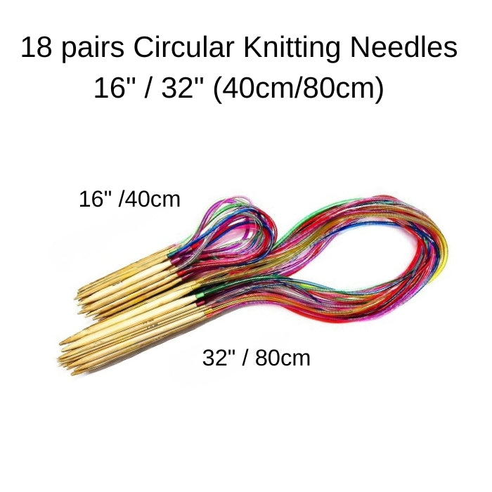 18 Pairs Circular Bamboo Knitting Needles Set Size US 0-15 (2.0mm-10.0mm)
